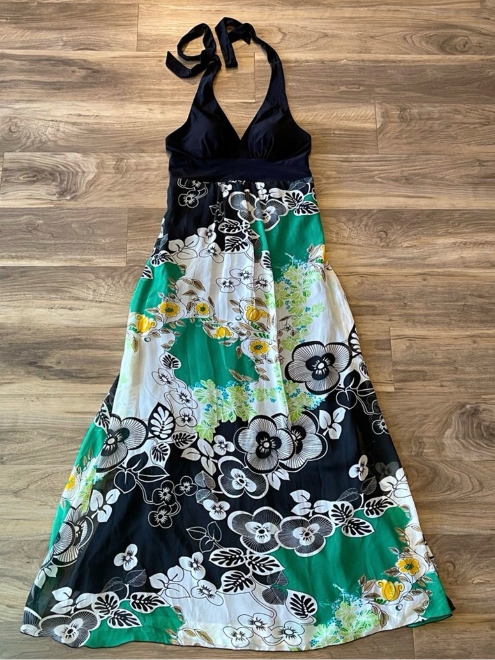 Bisou Bisou Halter Style Maxi Dress Black Patterned Wo’s 6 Boho Lined Festival